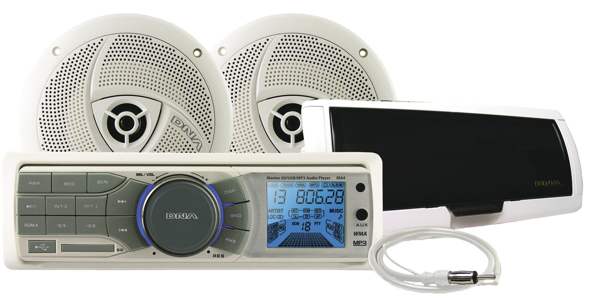 DNA Marine Bluetooth USB/SD MP3 Player With AM/FM Tuner & AUX With 100 Watt Speakers White