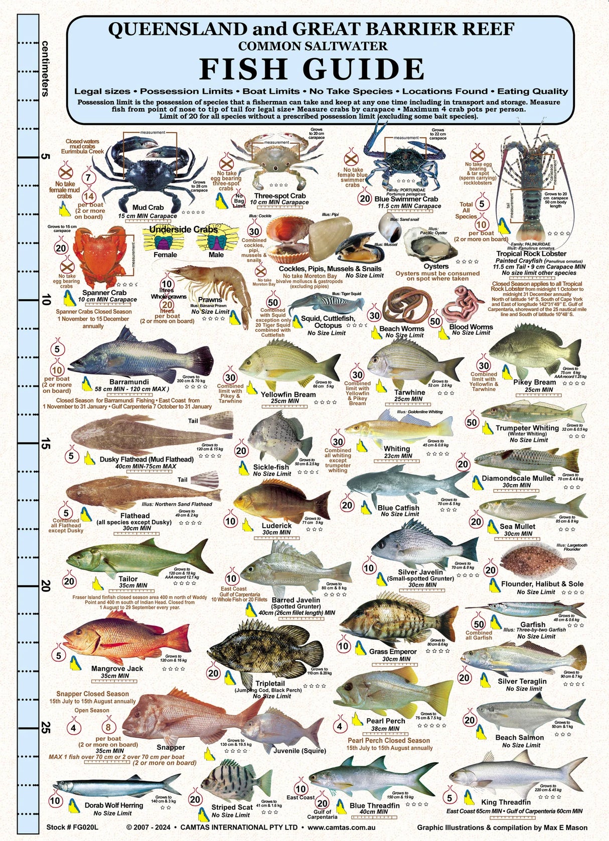 Camtas Fisherman's Queensland Waterproof Fish Identification Card A4 106 Species
