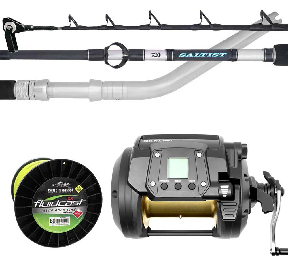 Daiwa 22 Tanacom 1200 Saltist 64HT Dog Tooth Fluidcast 80lb Pre-Spooled Bent Butt Electric Combo
