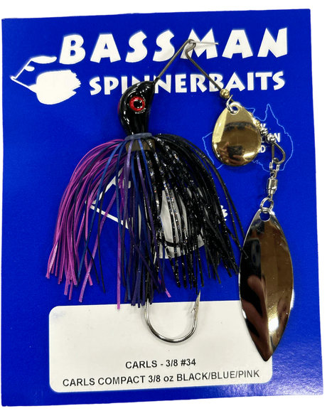 Bassman Carls Compact 3/8oz Spinnerbait Lure 34 - Black/Blue/Pink