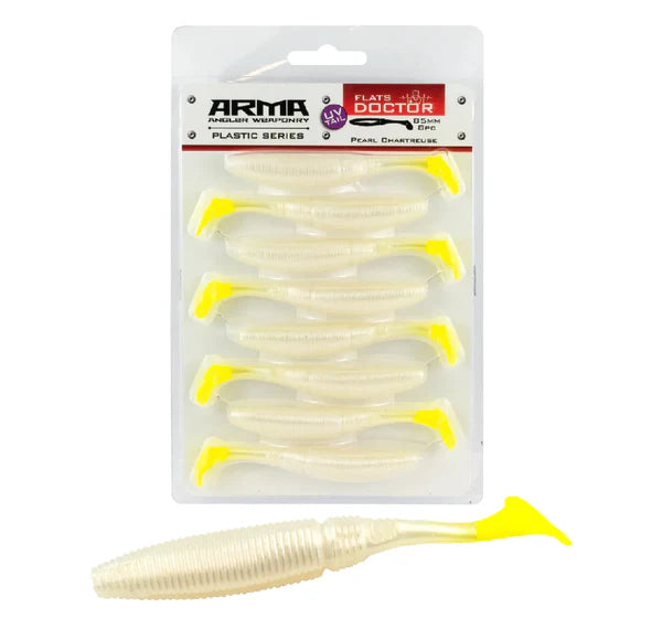 Arma Flats Doctor 85mm Soft Plastic Lure Pearl Chartreuse UV Tail