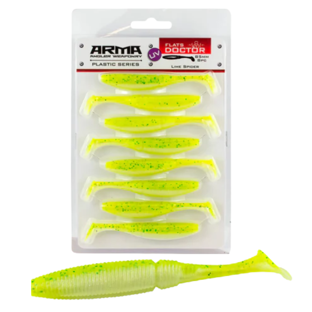 Arma Flats Doctor 85mm Soft Plastic Lure Lime Spider