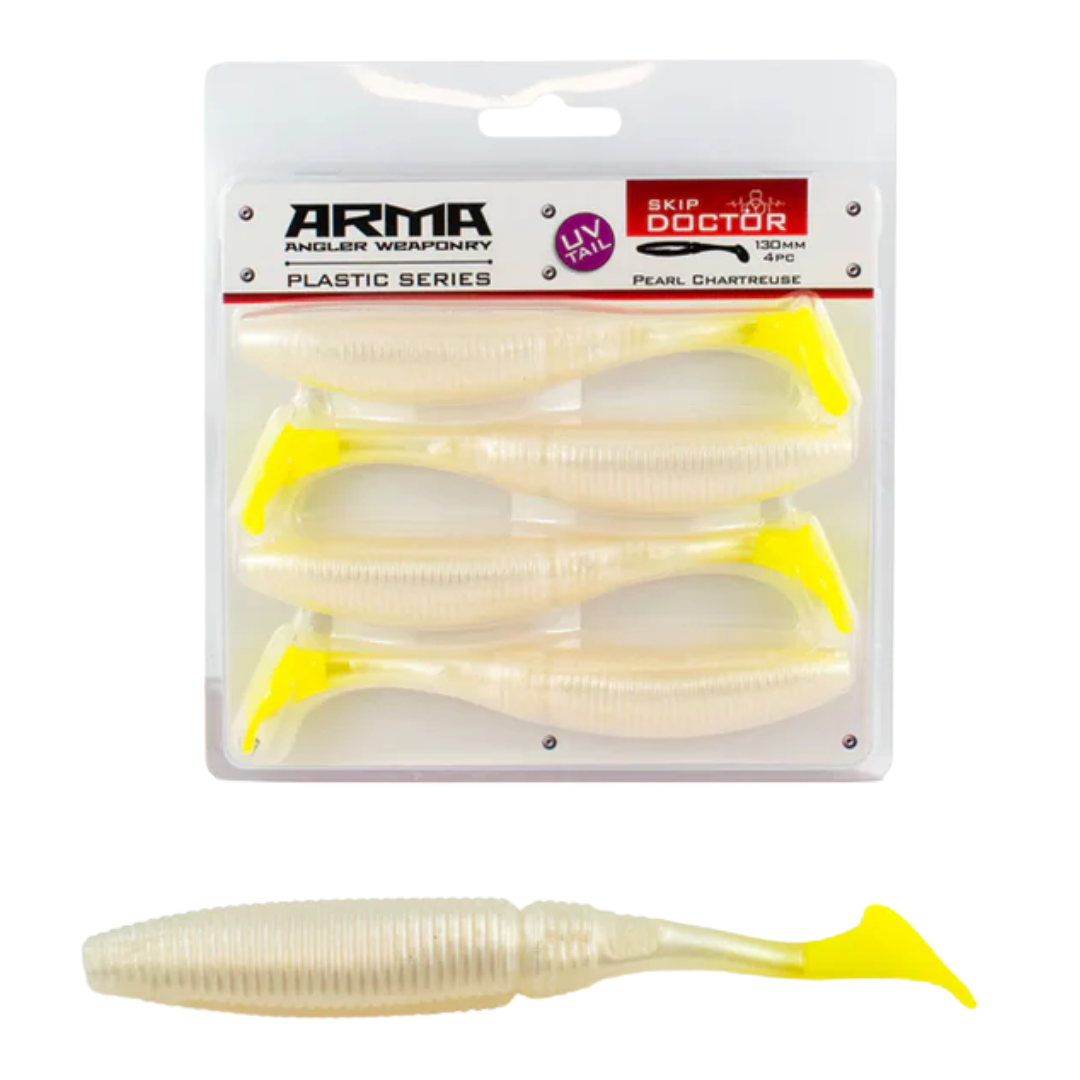 Arma Skip Doctor 130mm Soft Plastic Lure Pearl Chartreuse UV Tail