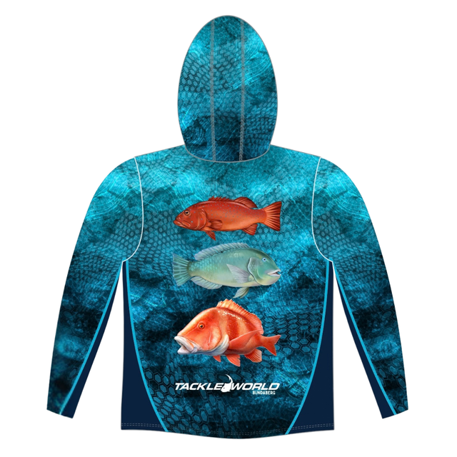 Tackle World Bundaberg Blue Offshore Coloured Fish Adult Hooded Fishing Jersey