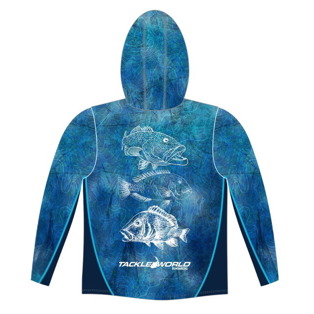 Tackle World Bundaberg Blue Offshore White Fish Adult Hooded Fishing Jersey